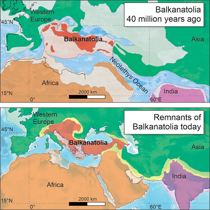 Felül: Balkanatólia negyvenmillió éve, lent: Balkanatólia ma