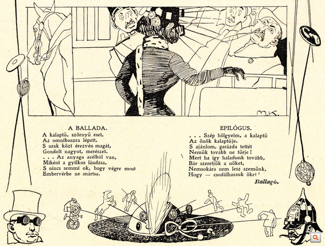 A Kakas Márton című élclap karikatúrája a kalaptű elleni hatósági akció megindítása után, 1911