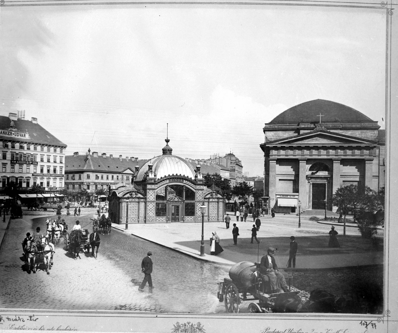 Budapest, 1900 Deák Square in the 1900s.  In the middle is the ornate underground station of the millennium.  To the right is the classicist building of the Lutheran church.