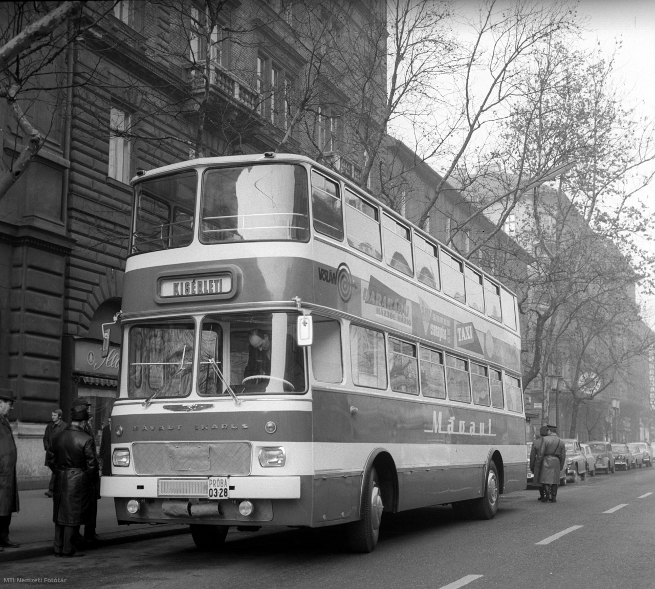 Budapest, December 21, 1968. Double-decker bus in Budapest.  The Automobile Transport Trust presented the novelty of transport, the double-decker bus, at a press conference on December 21st.  The first double-decker bus was built in the 20th AKÖV (MÁVAUT) workshop.  The bus has a total height of 4.25 meters and carries 100 passengers, including seated and standing seats.