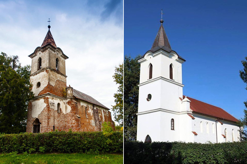 Az egykori falu temploma felújítás előtt és után.