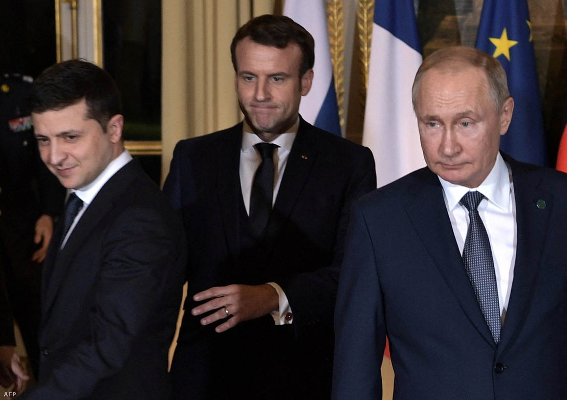 Volodimir Zelenszkij, Emmanuel Macron és Vlagyimir Putyin 2019-ben