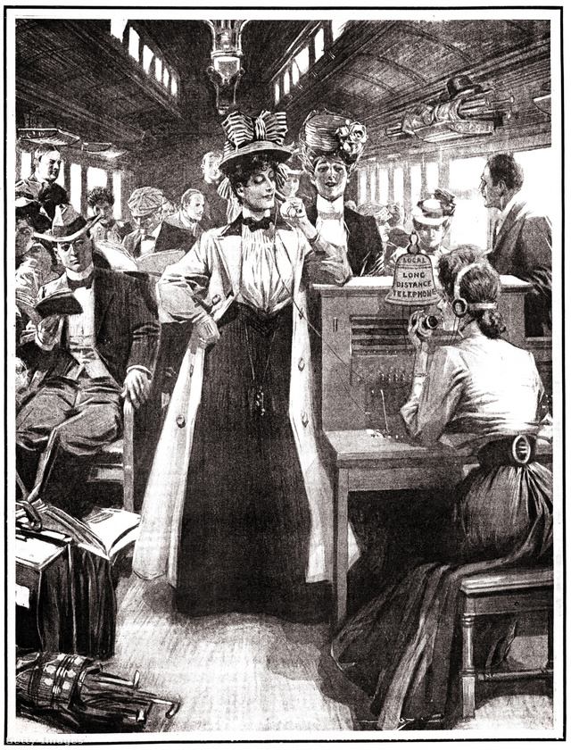 Expresszvonaton utazó nők egy különleges, fedélzeti telefonon beszélnek az 1890-es években