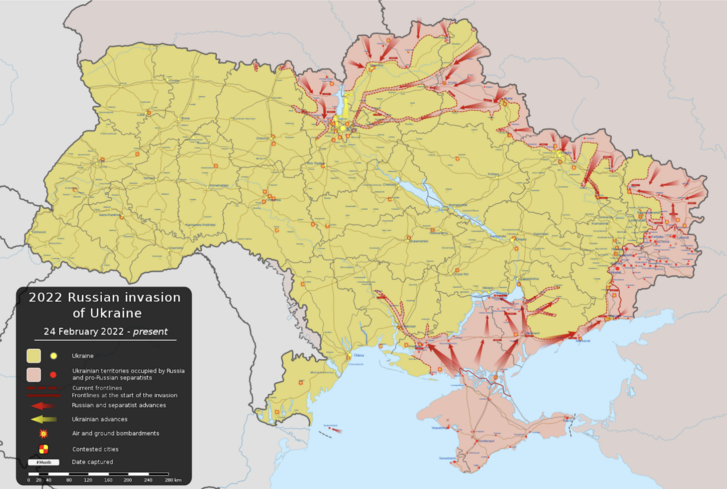 Az orosz–ukrán háború állását mutató egyik térkép, március 9-ei állapot