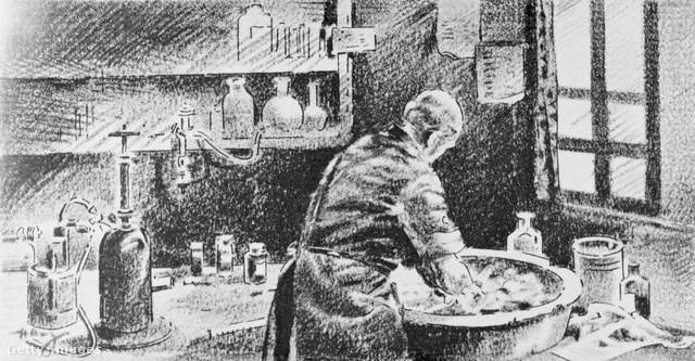 Semmelweis Ignác kézmosás közben korabeli illusztráción