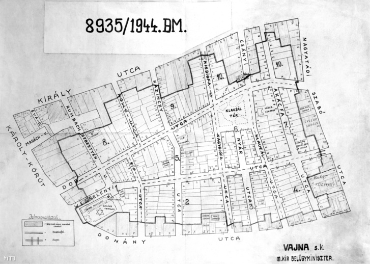 A Király, Nagyatádi Szabó és Dohány utca, valamint a Károly körút által határolt gettó térképe