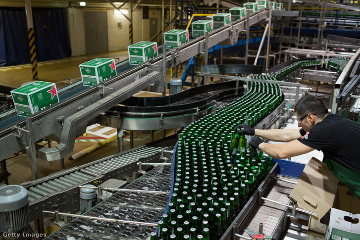 Sörgyártás és palackozás a szentpétervári Heineken-gyárban 2015. november 18-án