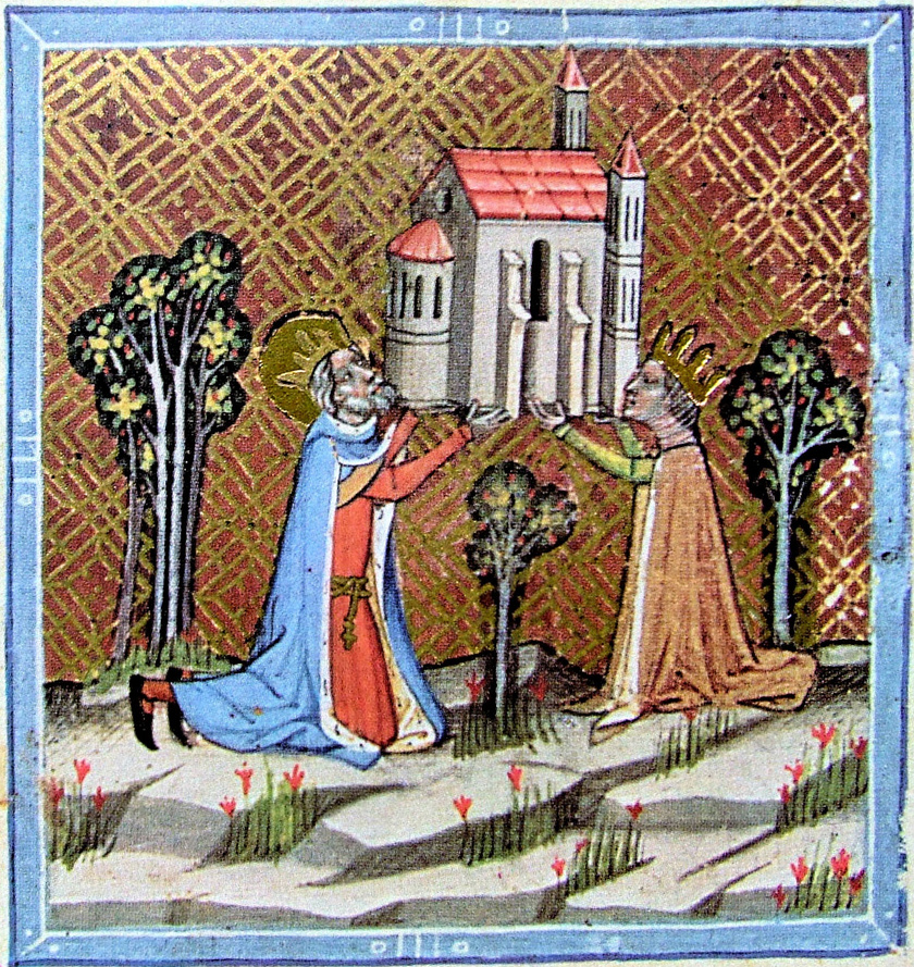 István és Gizella megalapítja az óbudai Szent Péter és Pál-templomot. A Képes Krónika miniatúrája.