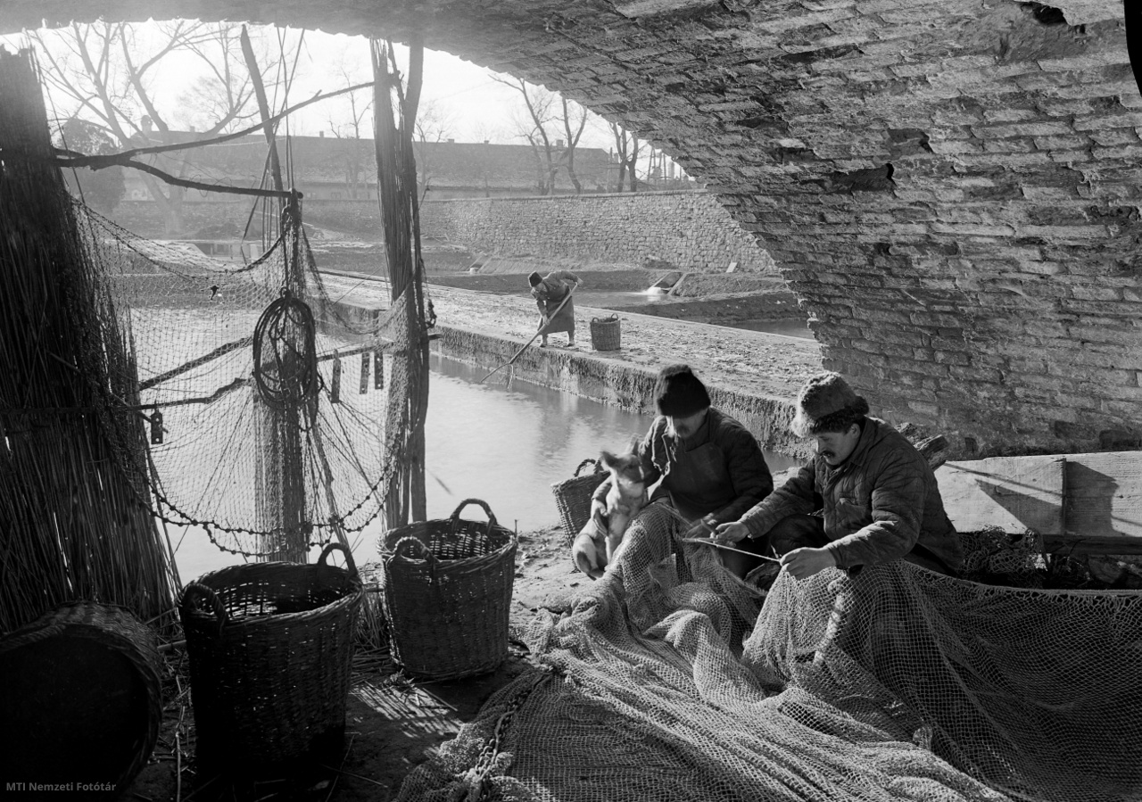 Tata, 1955. január 13. Halászok ülnek a várárok hídja alatt Tatán. A várárokban - az Öreg-tó közelében - egy medencében hálóval halásznak a helyi halgazdaság munkásai, készülnek a tavi halászatra.