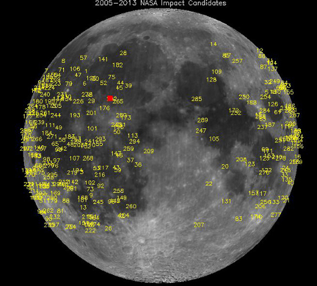 Az eddig detektált holdi meteorbecsapódások helyszínei. Vörös folt jelzi a fenti, eddig felfényesebb esemény helyszínét
