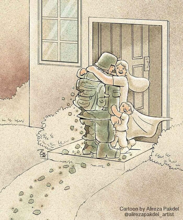 A háborúból hazatérő katona örül, hogy újra ölelheti szeretteit, de azt már mások nem látják, hogy a harcok szörnyűségei darabokra törték egy részét.