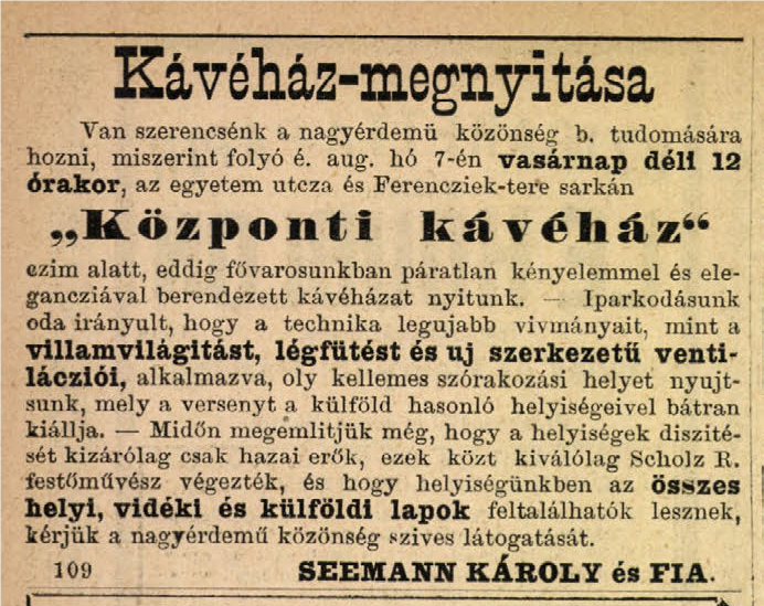 Hírkivágás a Borsszem Jankó 1887. augusztus 7-i számából, amely a Központi Kávéház megnyitását hirdeti