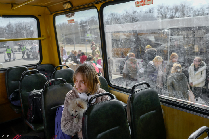 Egy fiatal lány a kutyájával 2022. április 6-án érkezik Zaporizzsjába
