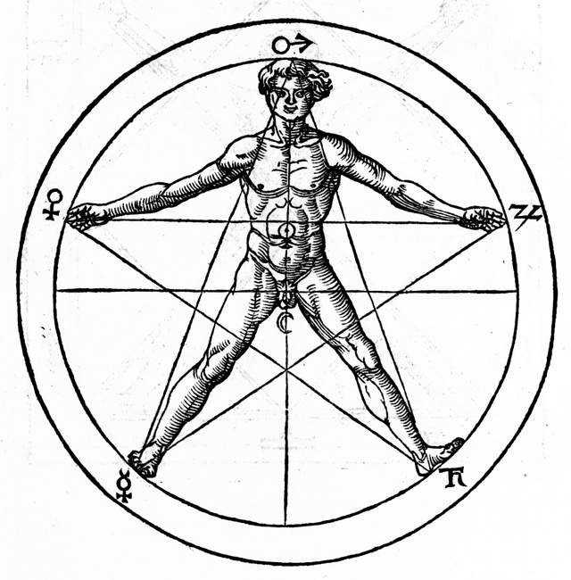 Az aranymetszés és az ember test kapcsolata Agrippa Libri tres de occulta philosophia című művében (16. század).