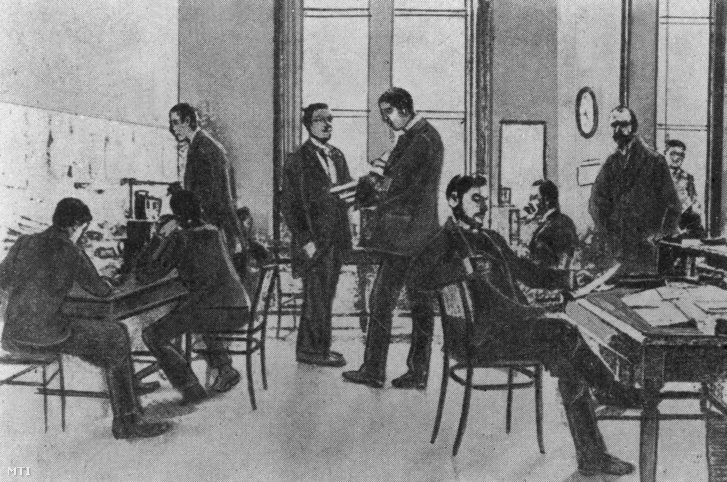 Reprodukció a Telefonhírmondó szerkesztőségéről. A grafika 1893-ban, a reprodukció 1973-ban készült