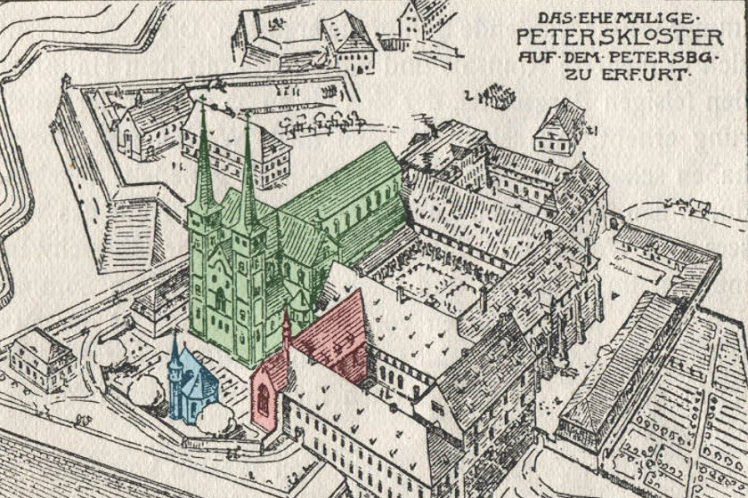 Kolostorépületek Erfurtban 1800-ban. A Szent Péter-templom zölddel jelölve.