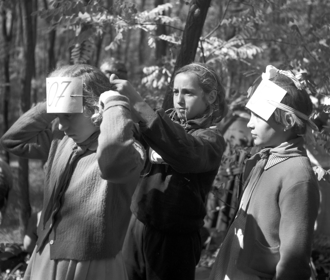 Sárbogárd, 1957. október 6. Kislány segít feltenni társának a számot jelző papírt a sárbogárdi járási úttörők nagy őszi számháborúján a vajtai erdőben.