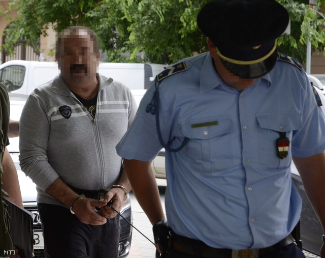 T. Istvánt (k) az előzetes letartóztatásáról döntő tárgyalásra vezetik a Szolnoki Törvényszék épületébe 2013. május 29-én.