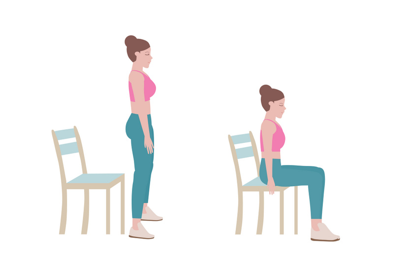 Hatékonyan megdolgoztatja a combizmokat a képen látható székes guggolás, mindezt anélkül, hogy megterhelné a térdízületeket. Állj vállszéles terpeszben a szék előtt, és kezdj el guggolni anélkül, hogy a térdek a boka elé mennének, a hátad maradjon egyenes. Ülj le a székre, majd állj fel onnan a kiindulási pozícióba, ezt a gyakorlatot egy percig végezd.