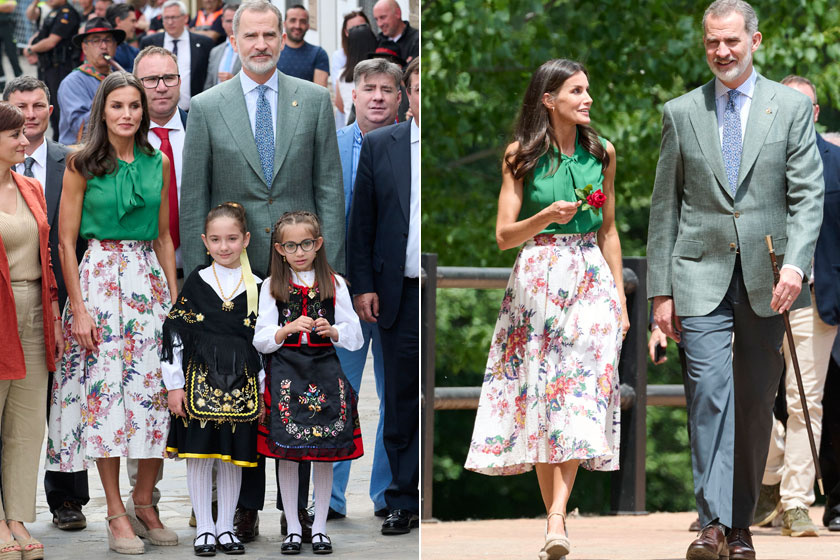 Letícia királyné tegnap egy zöld színű Carolina Herrera blúzban és egy virágmintás Sweet Matitos szoknyában lépett a nyilvánosság elé.