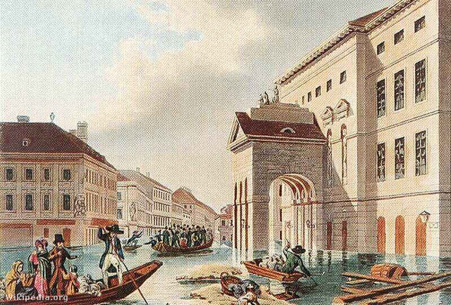 Johann Hürlimann: Árvíz a pesti Színház-téren, 1838
