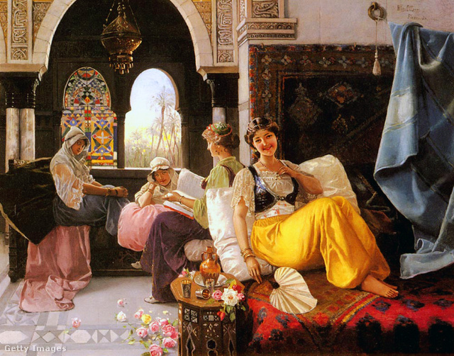 Háremhölgyek divatlapot olvasnak és pletykálkodnak (1910-es évekbeli ábrázolás)