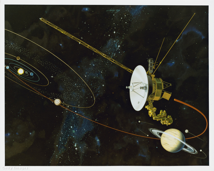 A Voyager-1 művészi ábrázolása űrbe rajzolt keringési pályákkal a nyolcvanas évekből