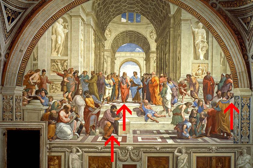 A három alakot piros nyilakkal jelöltük. Platón az első, Da Vinci a második, Apellész pedig a harmadik a sorban. Nemcsak Raffaello képe rejt izgalmas titkokat és részleteket.
