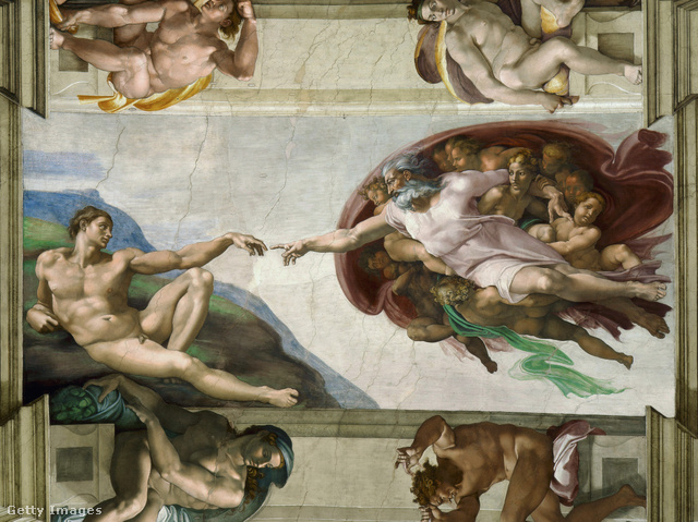 A képen a Sixtus-kápolna mennyezetén megcsodálható Michelangelo-freskó részlete látható, A teremtés címmel