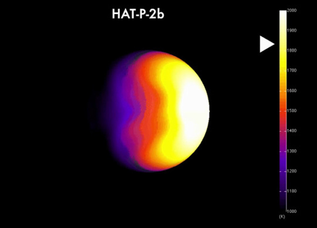 A HAT-P-2b hőmérséklet-eloszlásának egy pillanatképe, a Spitzer mérési adatai és modellszámítások alapján.