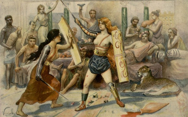 Női gladiátorok klasszikus „öltözetükben” Twitter/@Adrienne Mayor