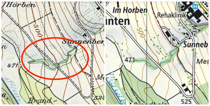 Az absztrakt alak 1954-ben jelent meg (bekarikázva, balra), de egyértelműen a terület tényleges topográfiája ihlette (2018, jobbra)