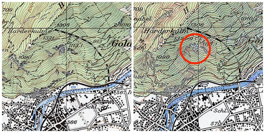 Az 1979-es térkép (balra) és az egy évvel későbbi változat a hátborzongató arc hozzáadásával (jobbra)