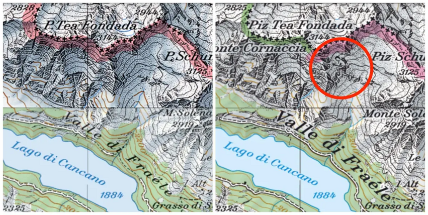 Balra a díszítetlen hegyoldal egy 1996-os térképen; jobbra a hegymászó, ahogy épp Svájc felé mászik