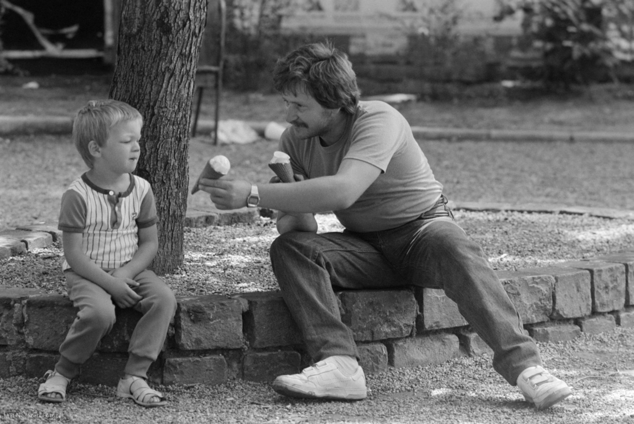 Budapest, 1988. július 5. Apa és fia fagylaltoznak a kánikulában, egy fa tövében ülve.
