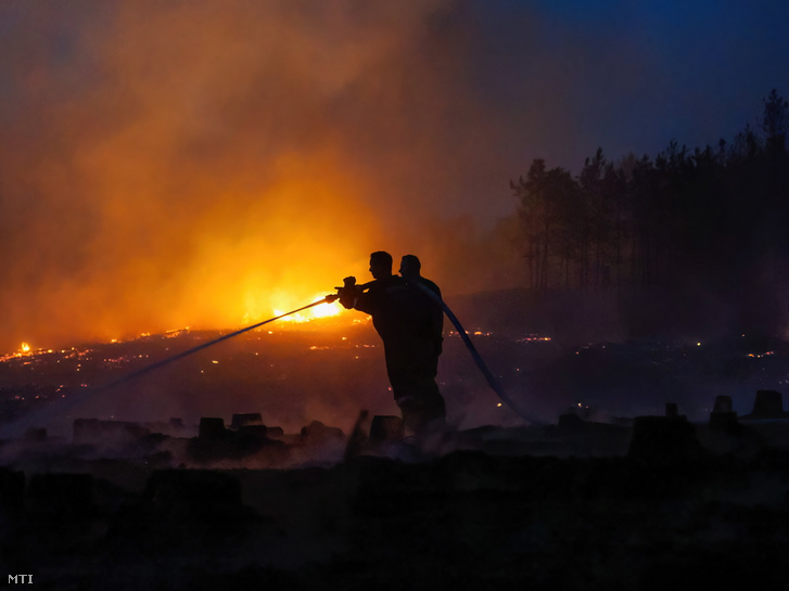 Tűzoltók oltják 2022. július 13-án az Izsák és Soltszentimre közötti erdőben délután keletkezett tüzet. Mintegy ötven hektáron égett részben az aljnövényzet, részben a fák koronája