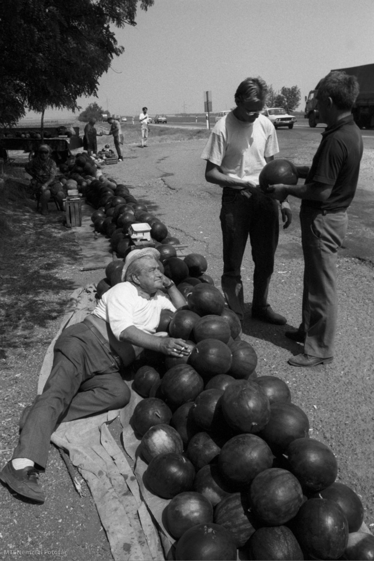 Kápolna, 1990. augusztus 3. Út menti dinnyeárusítás. Dinnyeszezon idején termelők, árusok lepik el Kápolna határában a 3-as számú főútvonal melletti parkolót