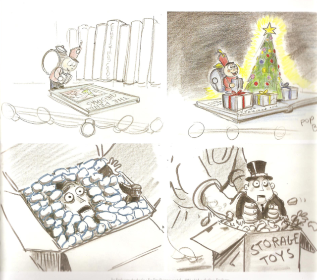Joe Ranft animátor vázlatrajzai a soha el nem készült Tin Stoy Christmas Special című Pixar-meséhez
