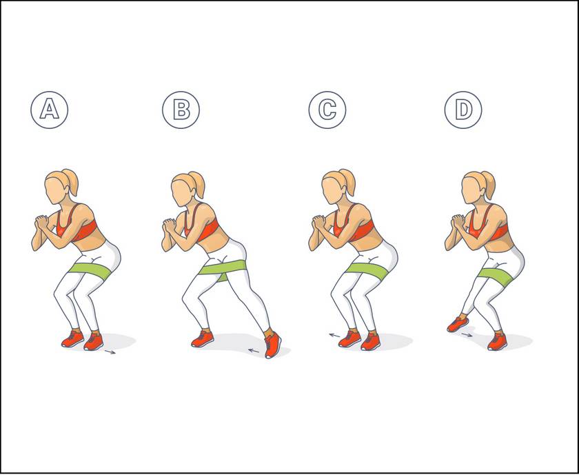 A gumiszalagot húzd fel a combod közepére, majd enyhén rogyasztott lábakkal lépkedj jobbra és balra is a képen látható módon. Ezzel a lábizmokat és a farizmot dolgoztatod meg, a gyakorlat közben figyelj arra, hogy a hátad egyenes maradjon, és legalább egy percig végezd folyamatosan a mozgást.