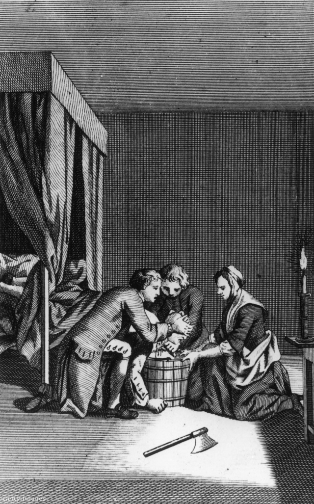 Hayes és bűntársai levágják a férj fejét (korabeli illusztráció)