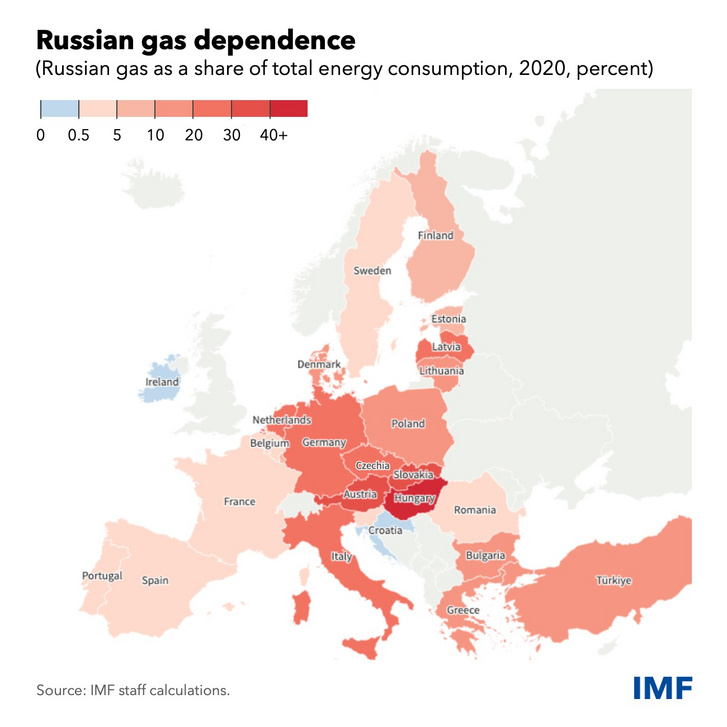 Az Oroszországból importált gáztól való függőség. (Az Oroszországból importált gáz az energiafelhasználás arányában.)