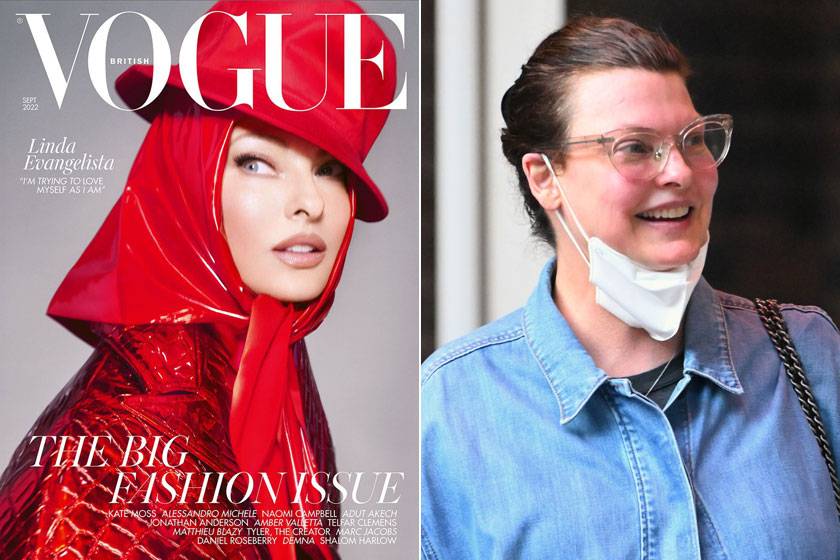 Linda Evangelista bal oldalt a Vogue aktuális címlapján, a jobb oldali kép júniusban készült róla.