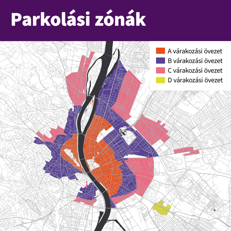 Az új budapesti parkolási zónák tervezetének térképe.