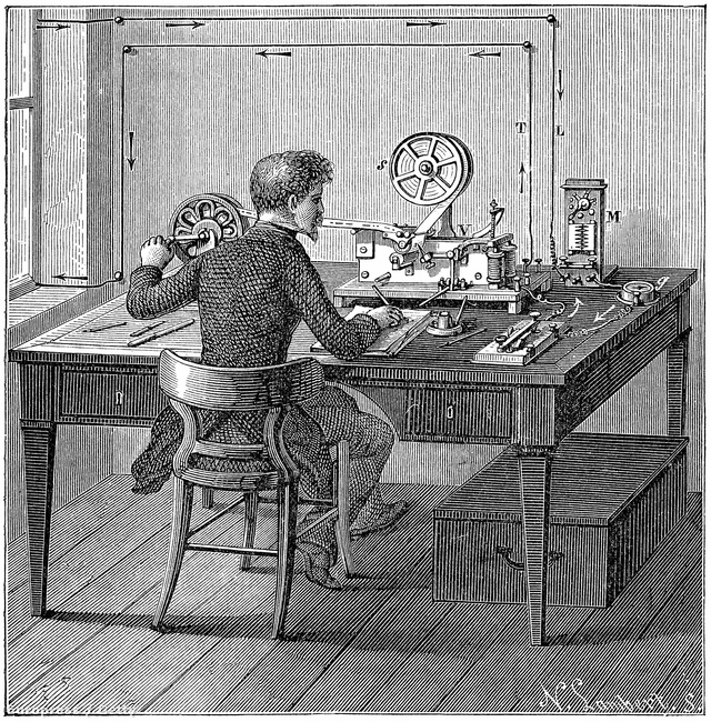 Morse-jeleket használó távíró egy 1887-es fametszeten