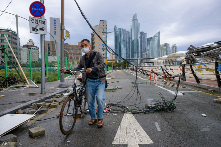 Egy férfi tolja a kerékpárját egy megrongálódott elektromos kábel alatt az úton, miután a Hinnamnor tájfun áthaladt Busan városán, Dél-Koreában 2022. szeptember 6-án