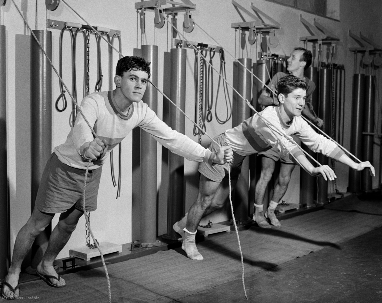 Budapest, 1964. december 22. Schevcze Lajos (elöl), Sebestyén József és Kleibán Antal edz a napokban megnyílt edzőteremben, amelyet a sportolók és a Csepel Művek dolgozói építettek