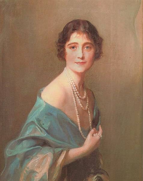 Erzsébet brit királyné, VI. György brit király felesége, II. Erzsébet brit királynő édesanyja László Fülöp festményén.