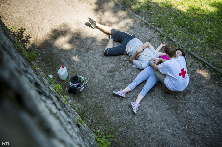 Szimulált sérülteket vizsgál egy versenyző a Magyar Vöröskereszt 44. Országos Elsősegélynyújtó Versenyén Pécs belvárosában 2015. május 30-án