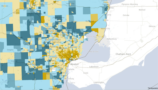 Detroit népesedési térképe az elmúlt tíz év statisztikái alapján. Sárgával a csökkenő, kékkel a növekvő lakosságú területek.
                        Kattintson a teljes térképért!