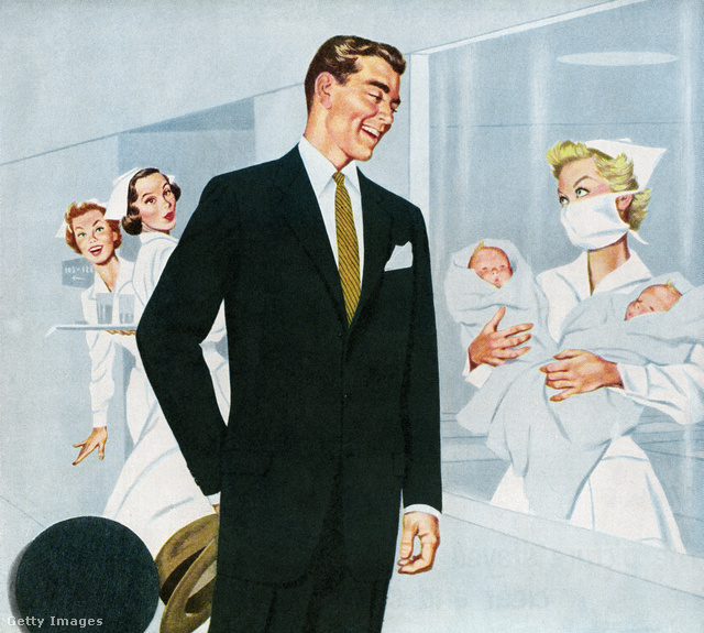 Retró illusztráció 1952-ből: férfi a szülészeten